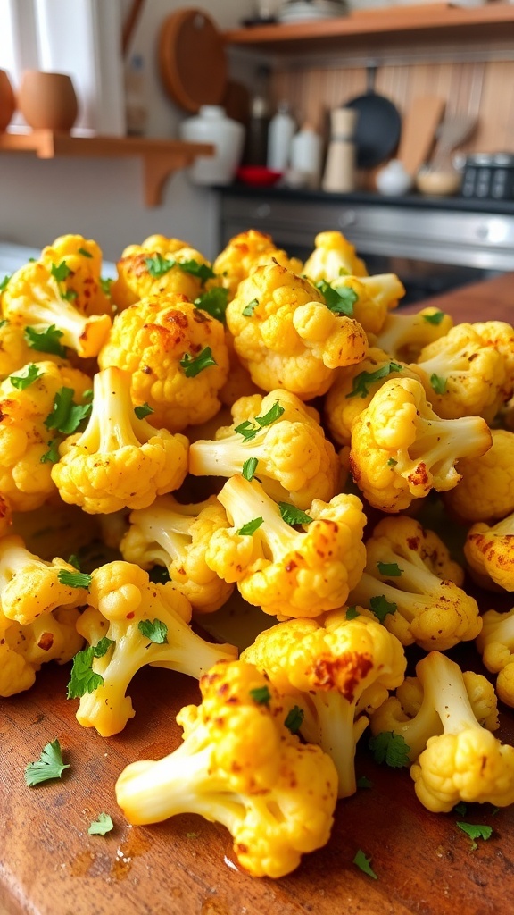 Roasted cauliflower florets with garlic and herbs on a wooden platter, garnished with parsley.